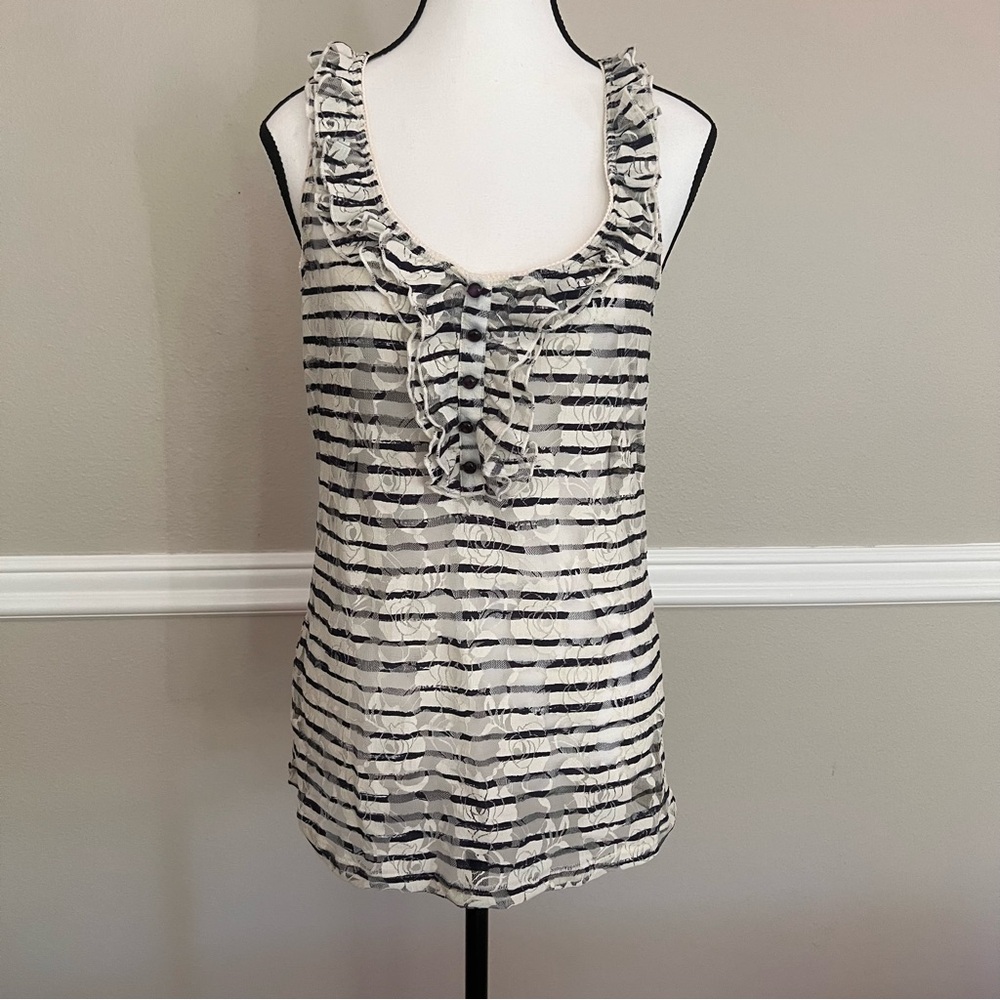 Vanity Sheer Lace Ruffled Tank Top White with Blue Stripes